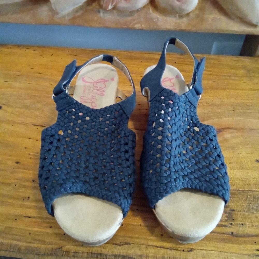 Jellypop Adelie Size 5 Blue Macrame Crochet Slingback 2" Wedge Open Toe Sandals